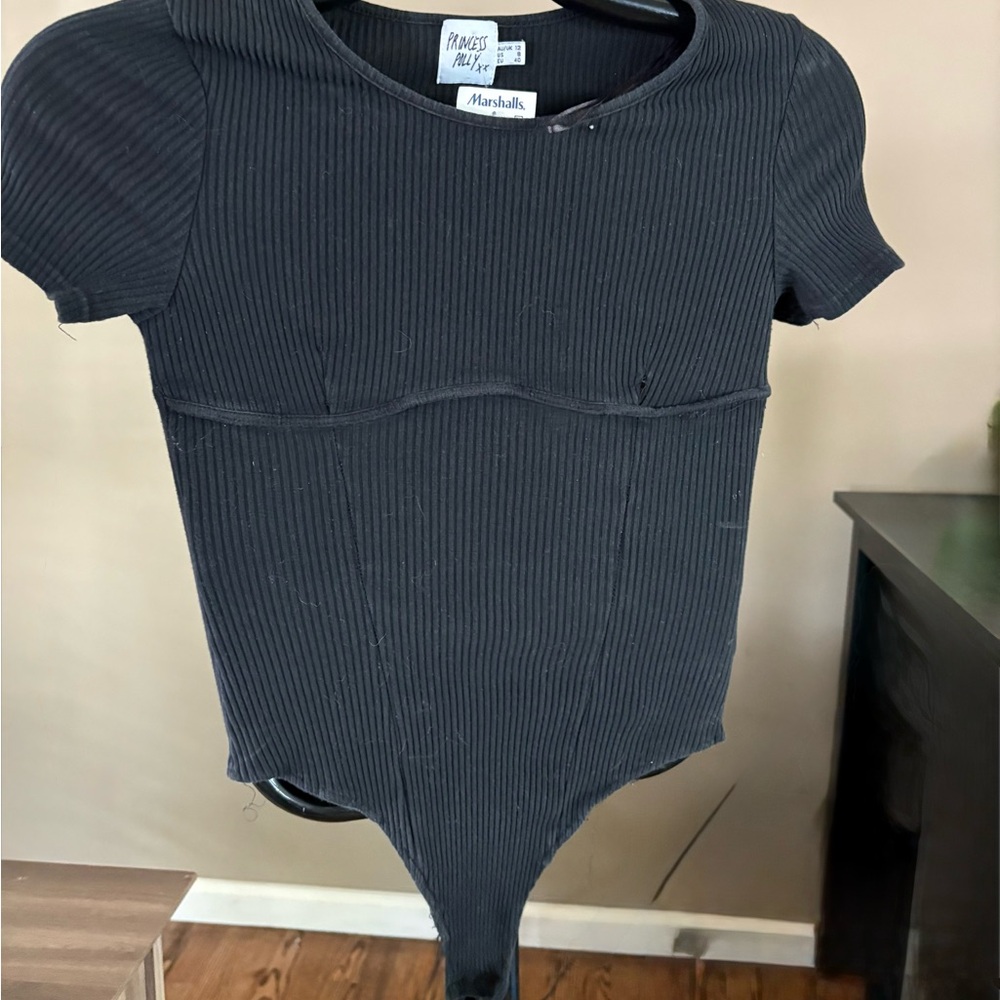 Princess Polly Black Ribbed Short Sleeve Bodysuit Top